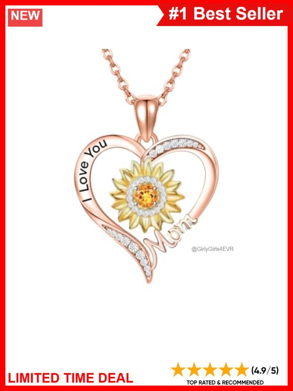 18K Rose Gold Plated Sunflower Heart Pendant Necklace I Love You Mom Adjustable